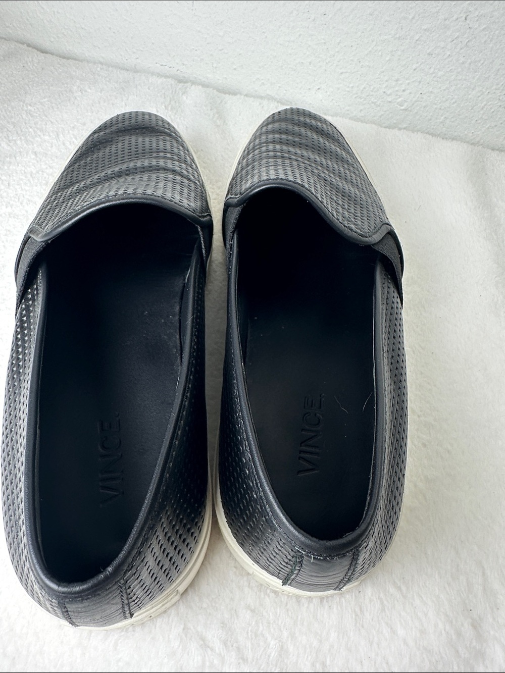 Vince Blair Black Perforated Leather Slip-On Sneakers with White Comfort Sole 8 - Picture 7 of 16